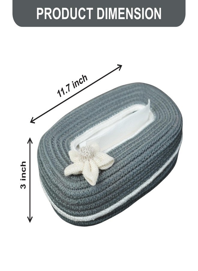 Ariya Cotton Blend Oval Tissue Box Holder | Grey Colour with White Line & Flower | 3 x 11.7 inch | Holds 100 Pulls | Handcrafted for Home, Office, Car & Desk | Dining & Living Room Decor - Image 3